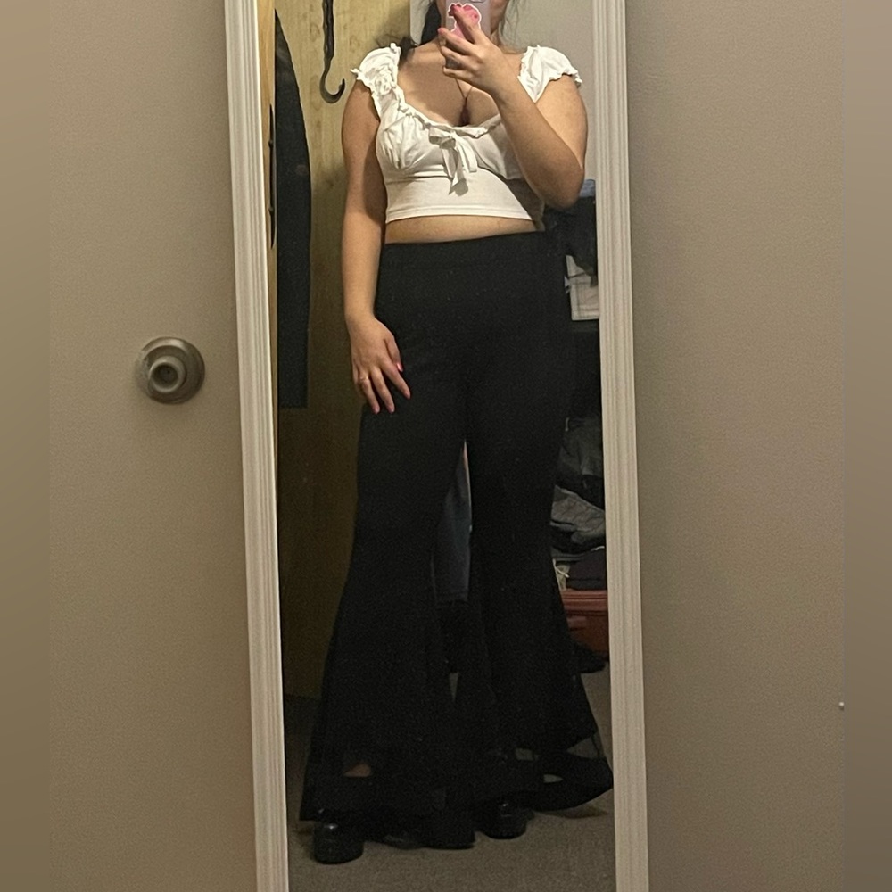 Black mesh insert flare leg pants